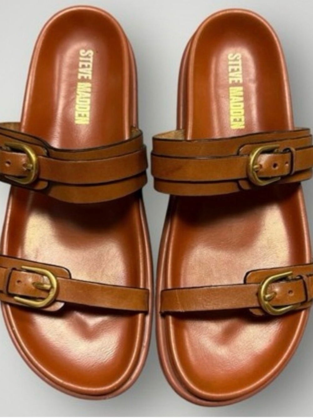 Steve Madden Tan Leather Double-Buckle Slide Sandals with Gold Buckles - Picture 8 of 8